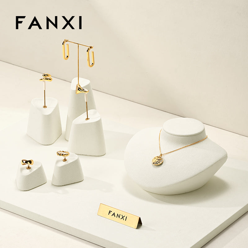 FANXI Beige Microfiber Earrings Ring Necklace Jewelry Display Set TT344