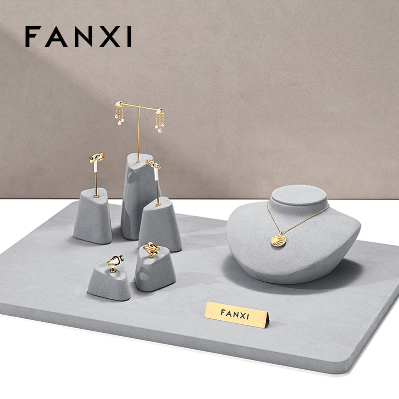 FANXI Grey Microfiber Earrings Ring Necklace Jewelry Display Set TT348