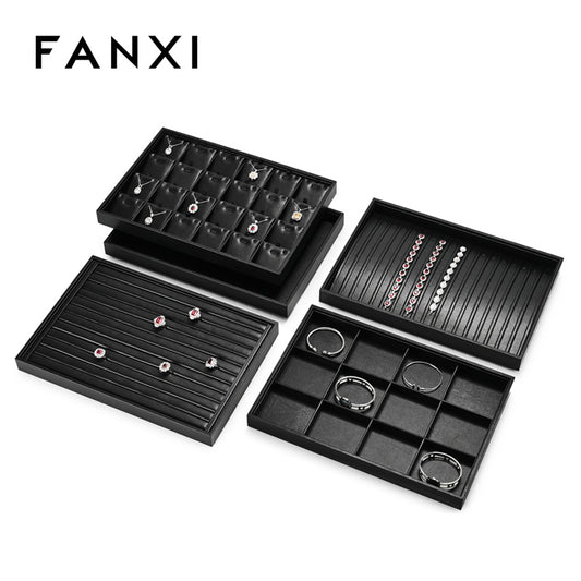 FANXI Black PU Leather  Ring Necklace Pendant Earring Display Tray P173