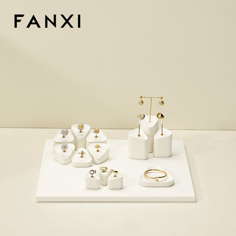 FANXI Beige Microfiber Earrings Ring Necklace Jewelry Display Set TT349