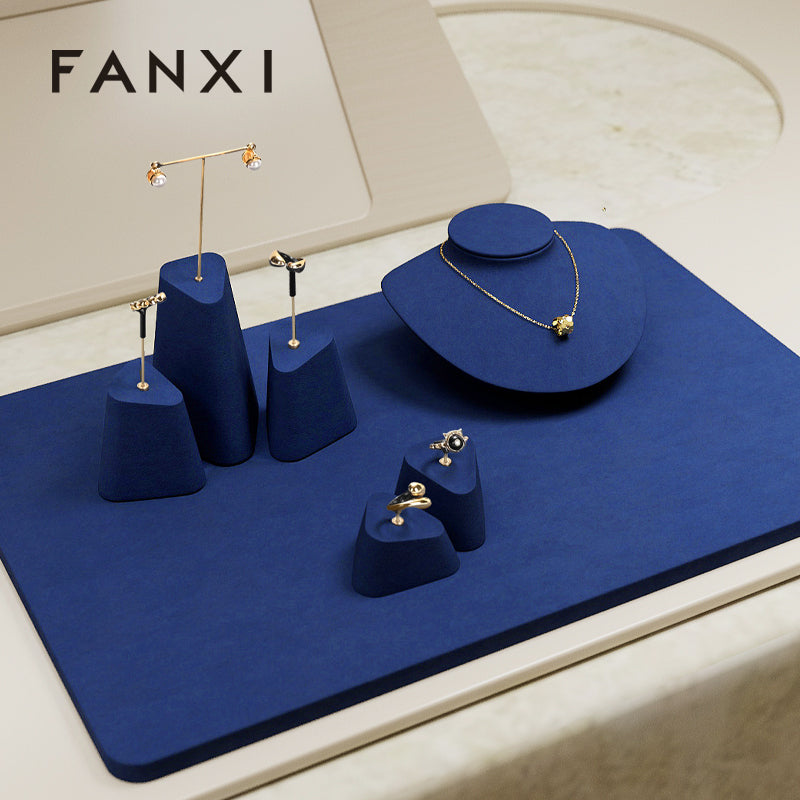 FANXI Blue Microfiber Earrings Ring Necklace Jewelry Display Set TT347