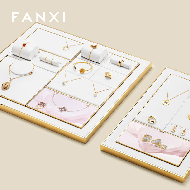 FANXI White PU Leather Earrings Ring Necklace Jewelry Display Set TT320