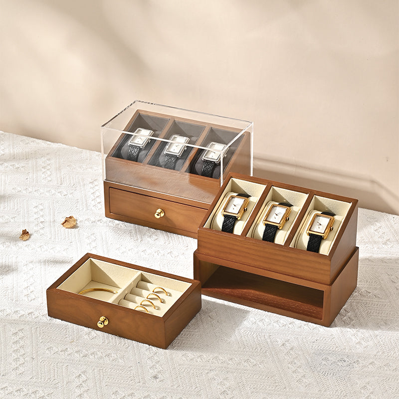 FANXI Multifunctional Solid Wood Watch Storage Box Household Transparent Microfiber Watch Display Case X073