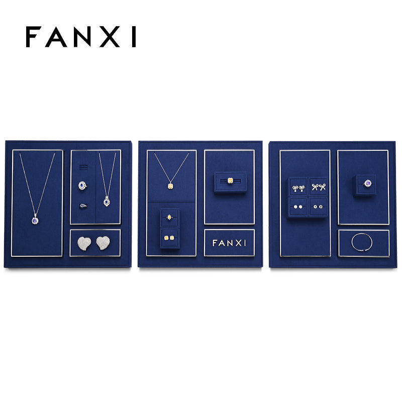 FANXI Blue Microfiber Earrings Ring Necklace Jewelry Display Set TT266