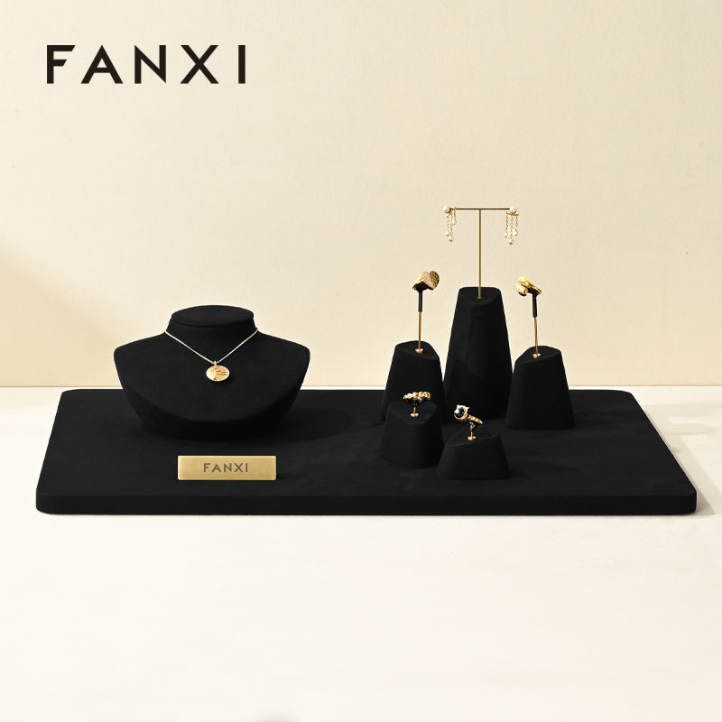 FANXI Black Microfiber Earrings Ring Necklace Jewelry Display Set TT345