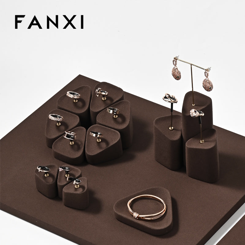 FANXI Brown Microfiber Earrings Ring Necklace Jewelry Display Set TT351