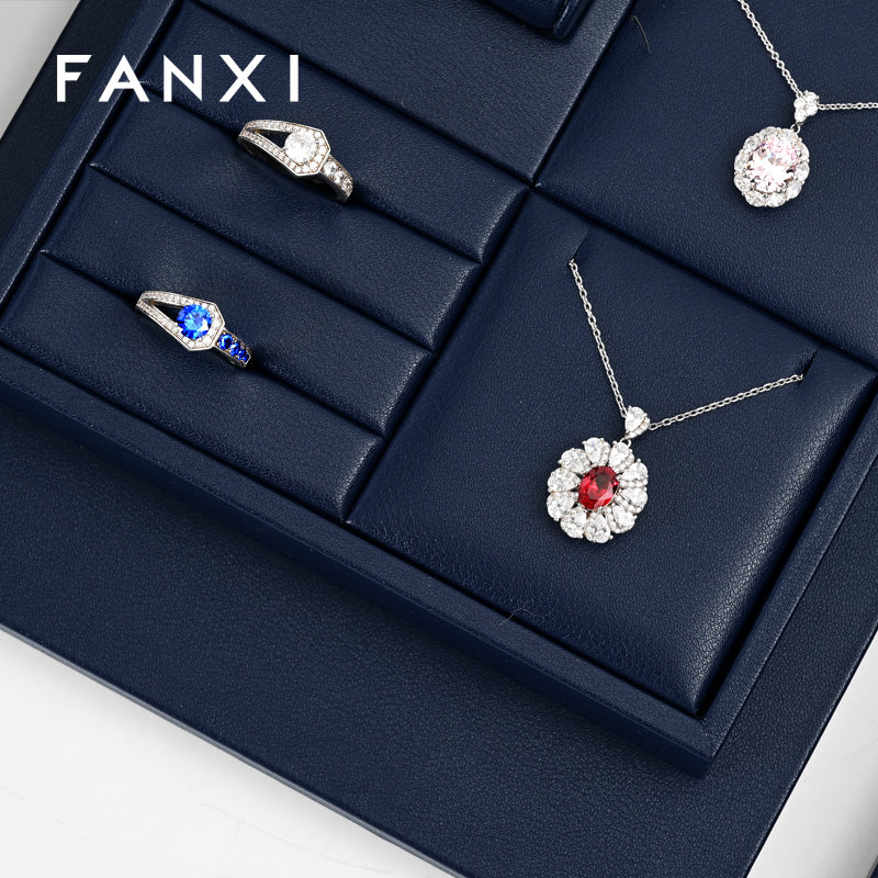 FANXI Blue PU Leather Earrings Ring Necklace Jewelry Display Set TT324