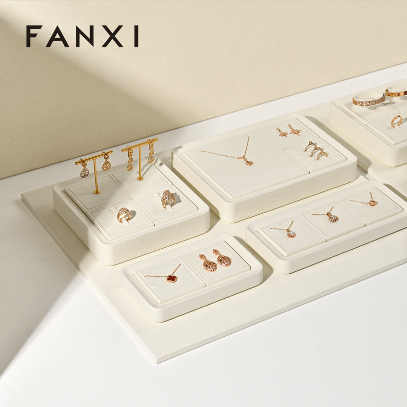 FANXI Beige Microfiber Earrings Ring Necklace Jewelry Display Set TT338