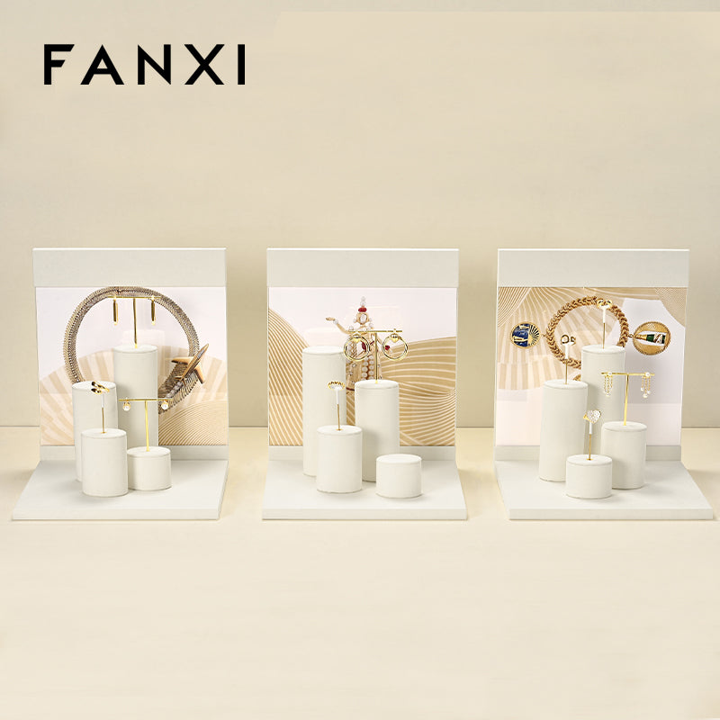 FANXI Beige Microfiber Earrings Ring Necklace Jewelry Display Set TT325