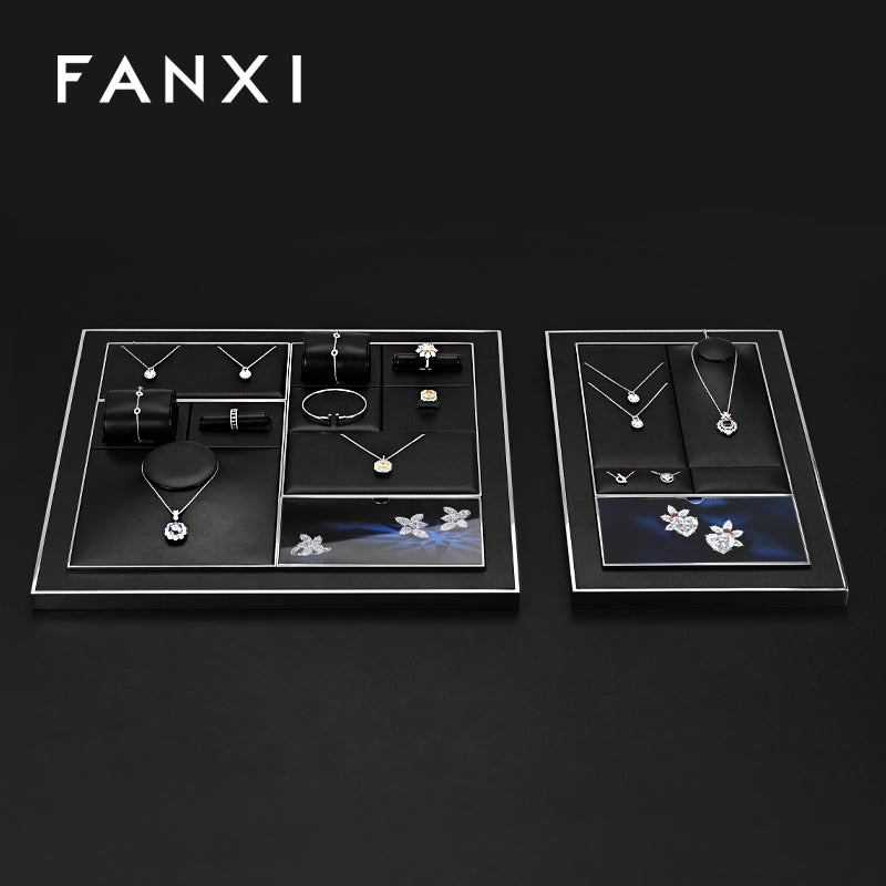 FANXI Black PU Leather Earrings Ring Necklace Jewelry Display Set TT319