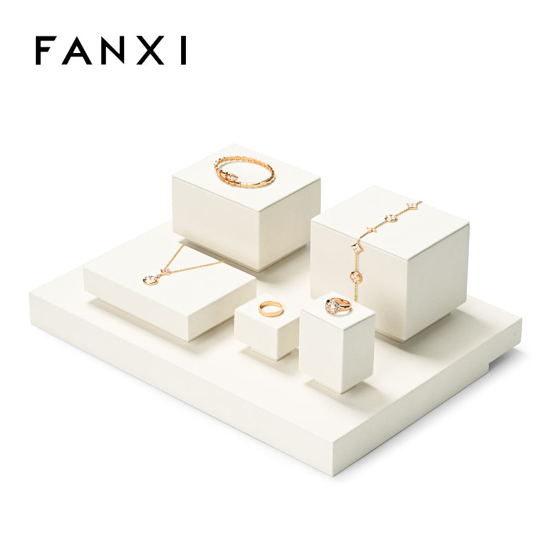 FANXI Beige Microfiber Earrings Ring Necklace Jewelry Display Set TT255