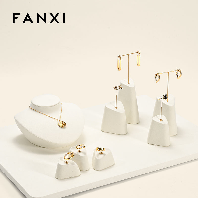 FANXI Beige Microfiber Earrings Ring Necklace Jewelry Display Set TT344