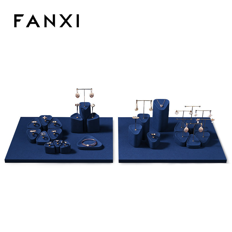 FANXI Blue Microfiber Earrings Ring Necklace Jewelry Display Set TT352