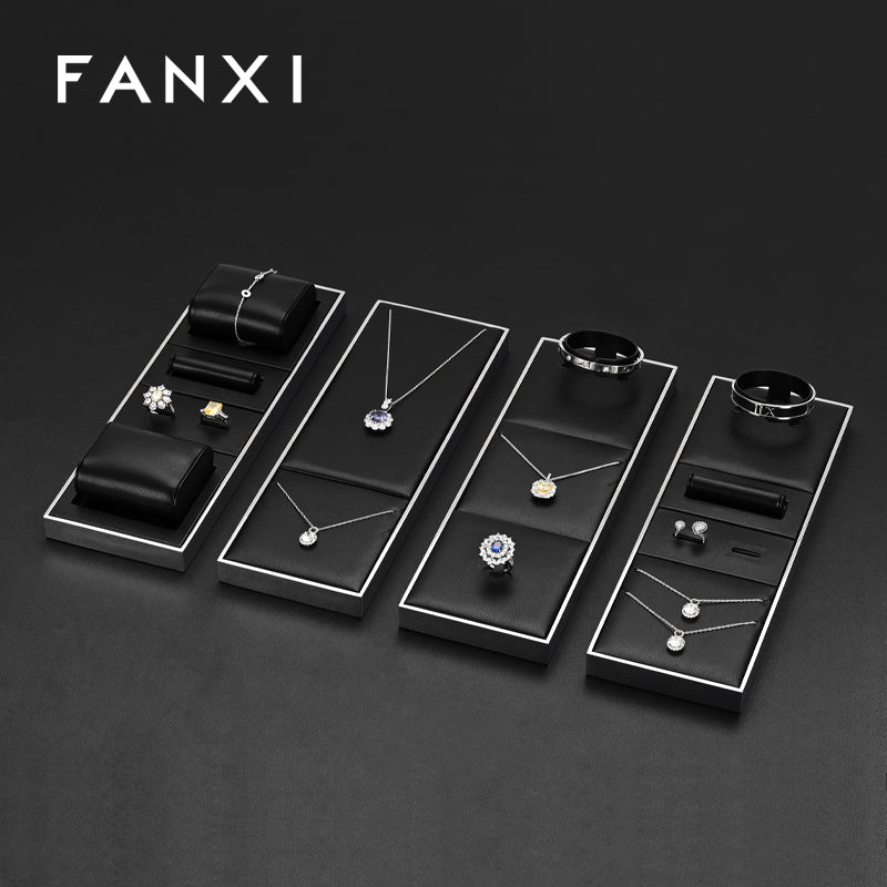 FANXI Black PU Leather Earrings Ring Necklace Jewelry Display Set TT316