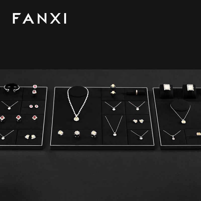 FANXI Black Microfiber Earrings Ring Necklace Jewelry Display Set TT297