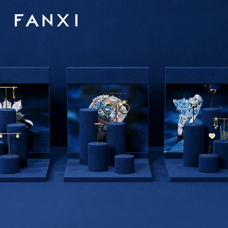 FANXI Blue Microfiber Earrings Ring Necklace Jewelry Display Set TT327