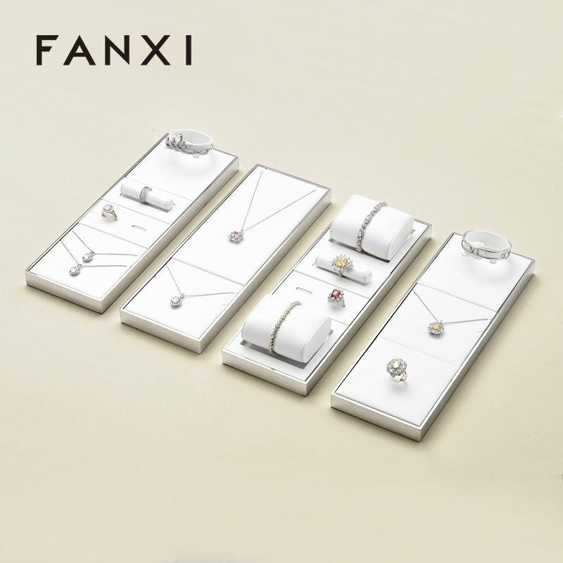 FANXI White PU Leather Earrings Ring Necklace Jewelry Display Set TT317