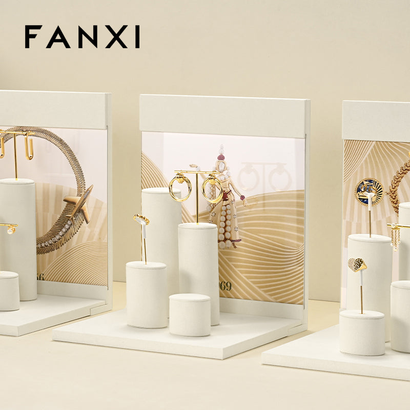 FANXI Beige Microfiber Earrings Ring Necklace Jewelry Display Set TT325