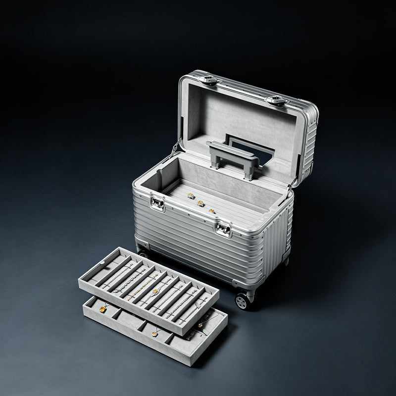 FANXI aluminum alloy jewelry storage box with pull handle TSA lock large capacity travel display storage box X080