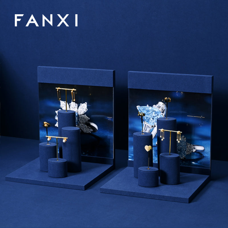 FANXI Blue Microfiber Earrings Ring Necklace Jewelry Display Set TT327