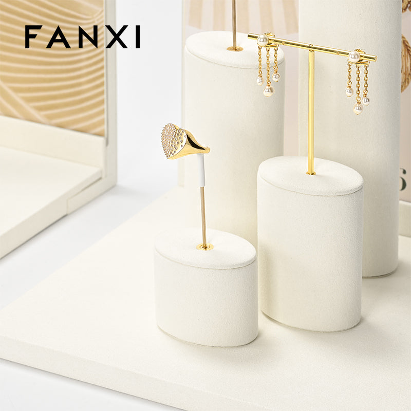 FANXI Beige Microfiber Earrings Ring Necklace Jewelry Display Set TT325