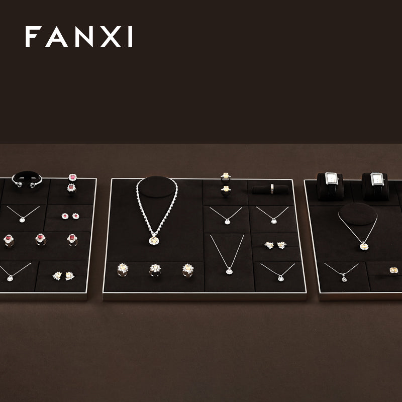 FANXI Brown Microfiber Earrings Ring Necklace Jewelry Display Set TT298