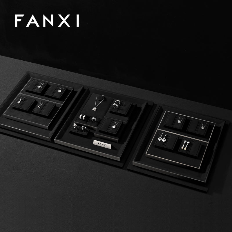 FANXI Black Microfiber Earrings Ring Necklace Jewelry Display Set TT369