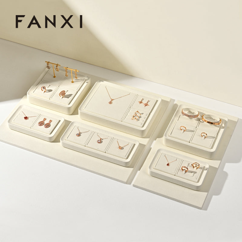 FANXI Beige Microfiber Earrings Ring Necklace Jewelry Display Set TT338