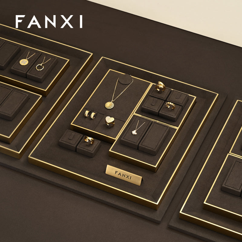 FANXI Brown Microfiber Earrings Ring Necklace Jewelry Display Set TT367