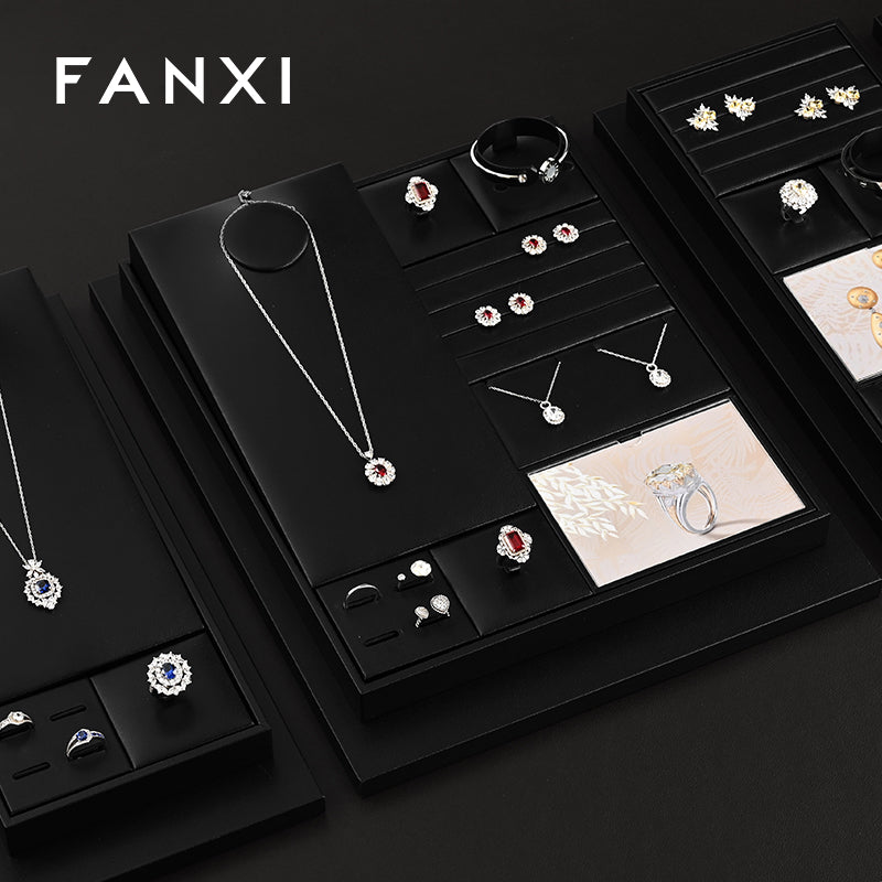 FANXI Black PU Leather Earrings Ring Necklace Jewelry Display Set TT322