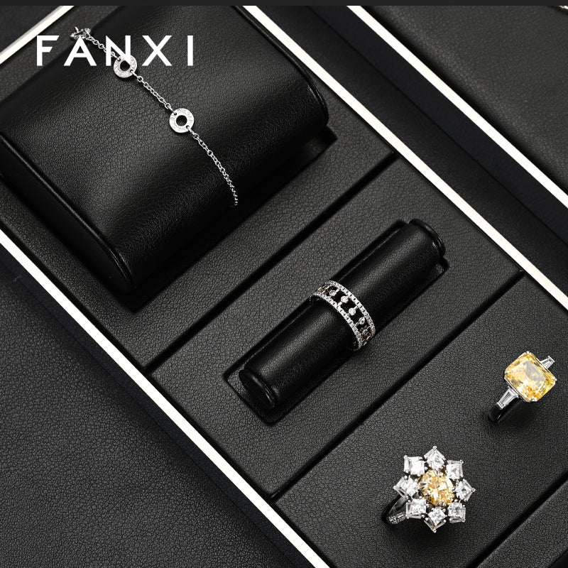 FANXI Black PU Leather Earrings Ring Necklace Jewelry Display Set TT316