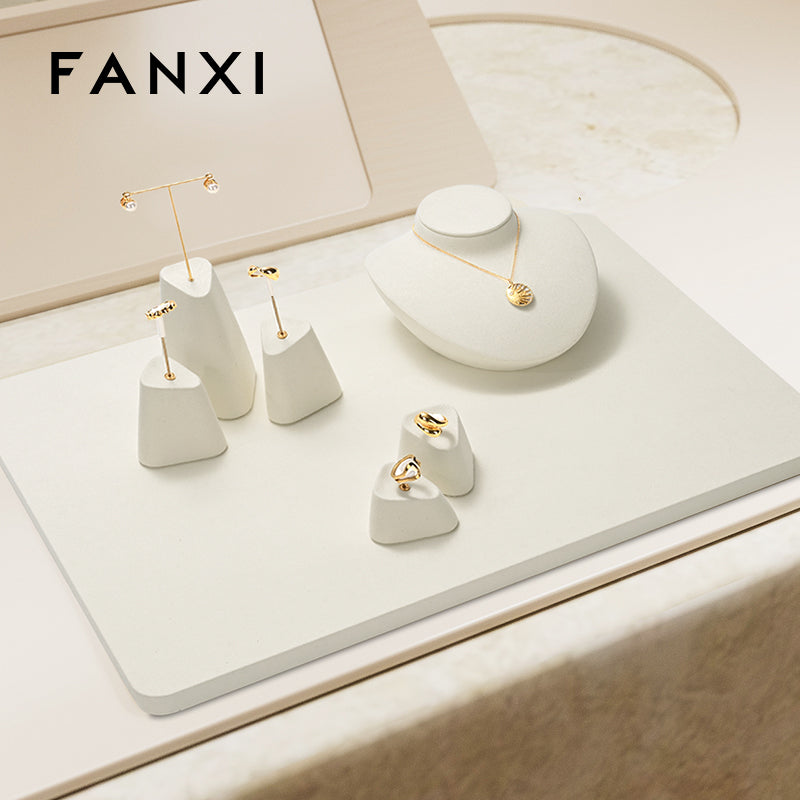 FANXI Beige Microfiber Earrings Ring Necklace Jewelry Display Set TT344