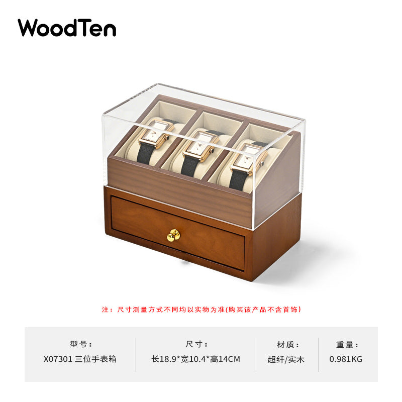 FANXI Multifunctional Solid Wood Watch Storage Box Household Transparent Microfiber Watch Display Case X073