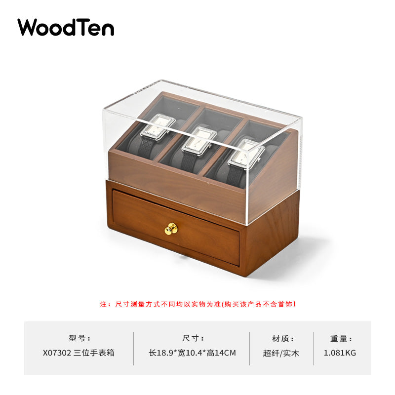 FANXI Multifunctional Solid Wood Watch Storage Box Household Transparent Microfiber Watch Display Case X073