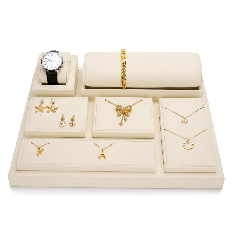 Beige Microfiber Ring Earring Watch Necklace Jewelry Display Set TT136