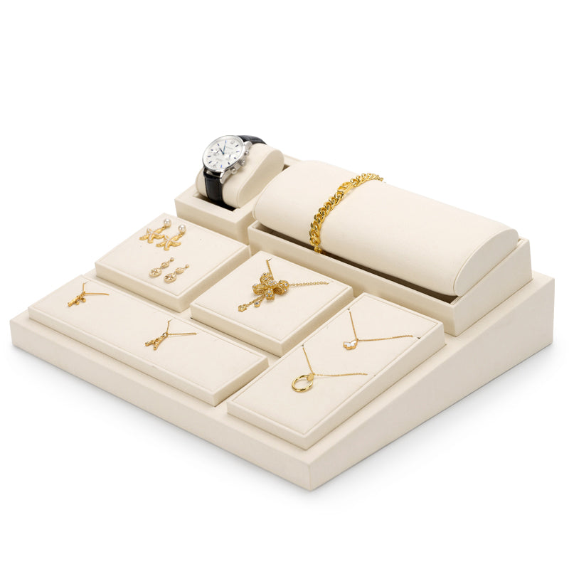 Beige Microfiber Ring Earring Watch Necklace Jewelry Display Set TT136