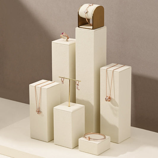 Beige Microfiber Earrings Ring Necklace Jewelry Display Set TT186