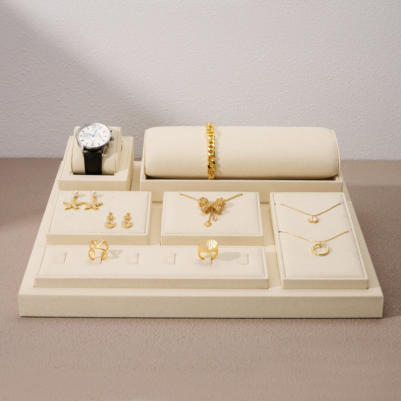 Beige Microfiber Ring Earring Watch Necklace Jewelry Display Set TT136